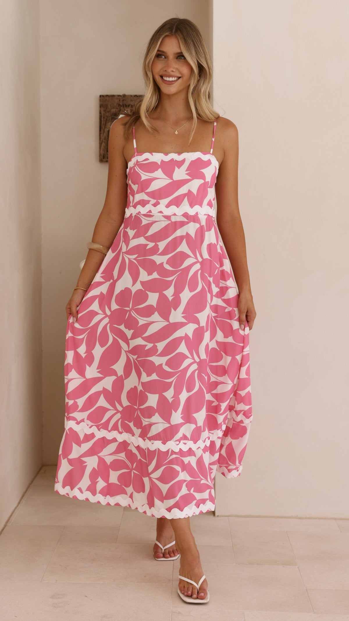 Seraphina Midi Dress - Fuchsia/White Print