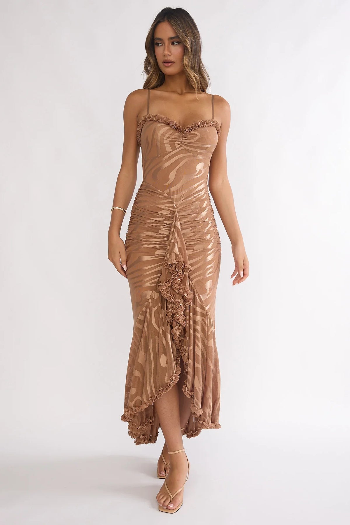 Everine Ruched Frill Trim Maxi Dress Mocha
