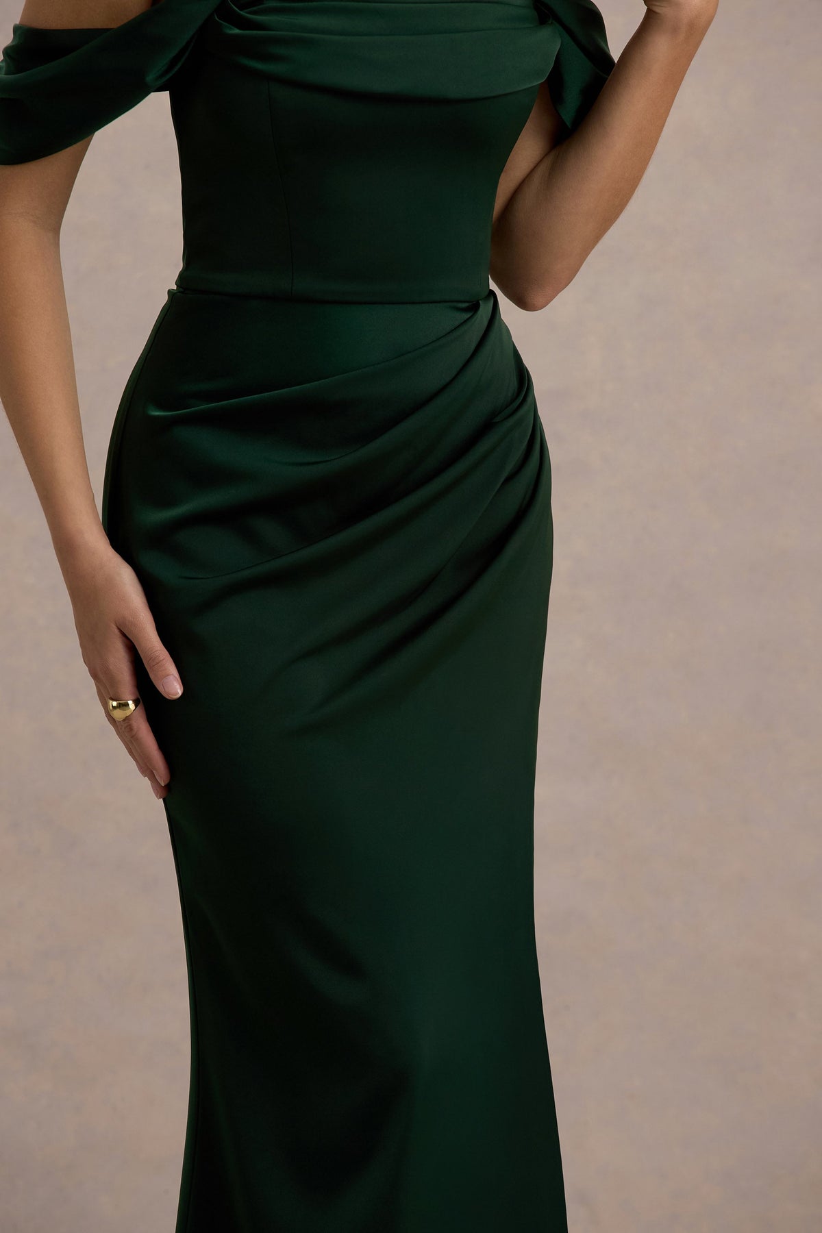 Annie | Bottle Green Satin Bardot Maxi Dress With Split Wrap Skirt