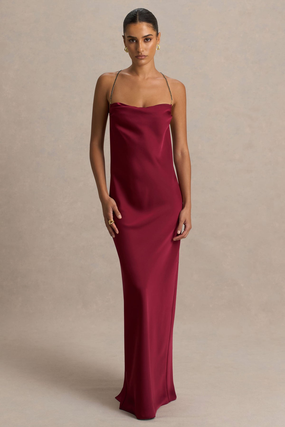 Cher | Burgundy Satin Square-Neck Maxi Dress With Embellished-Detailed Open-Back