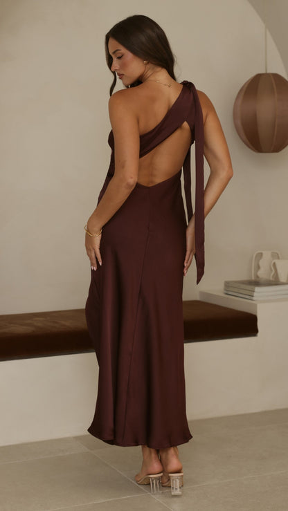 Halle One Shoulder Maxi Dress - Chocolate
