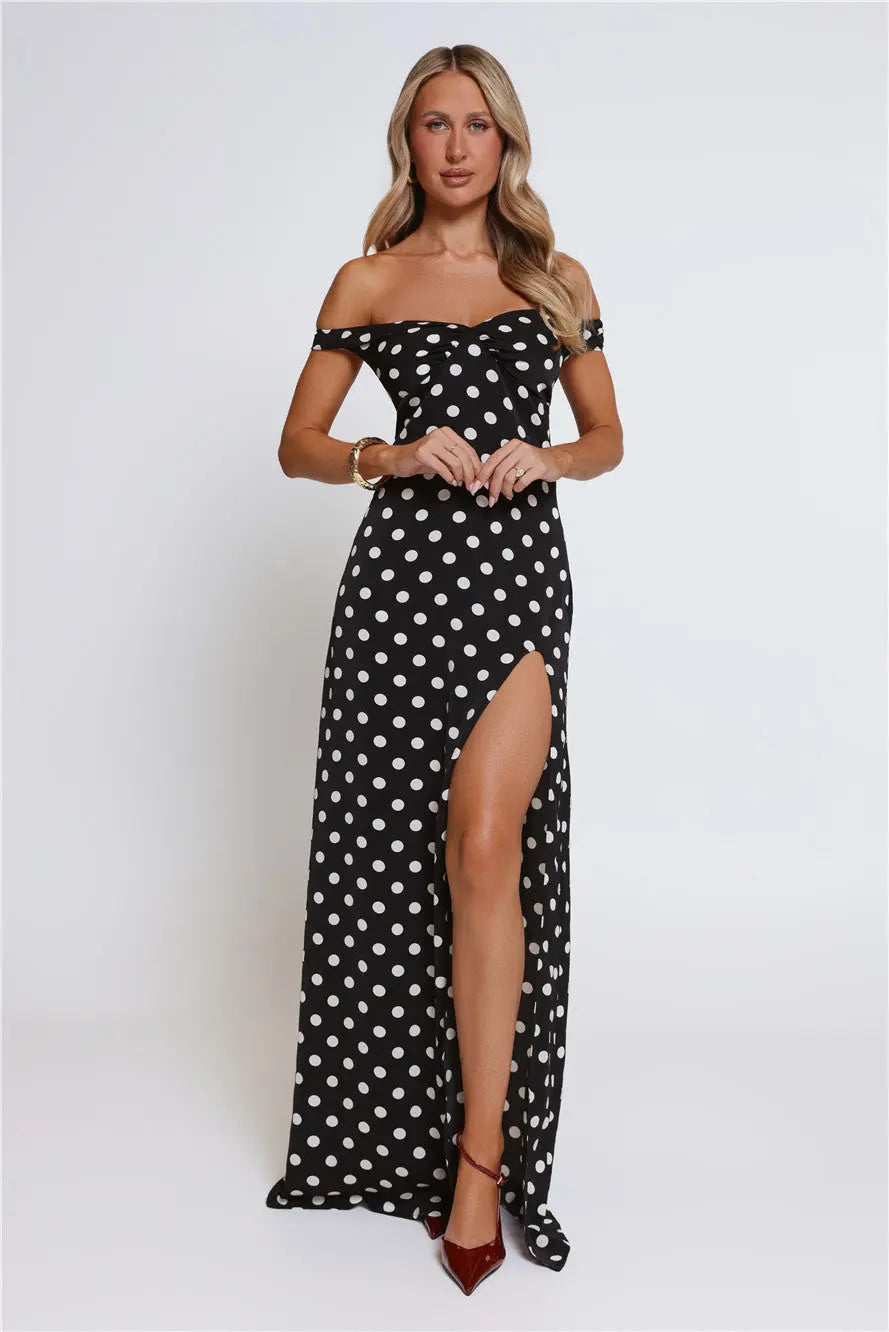 Trending Live Off Shoulder Polka Dot Maxi Dress Black