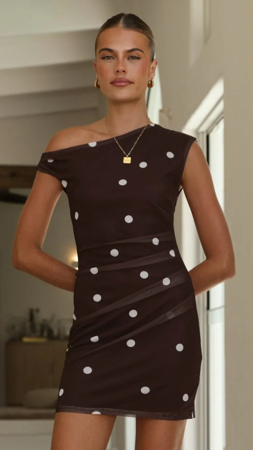 Zariah Mini Dress - Brown / White Polka Dot