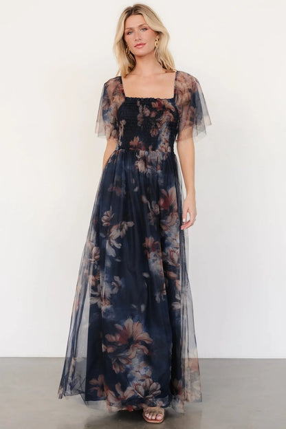 Cassandra Tulle Maxi Dress | Dark Blue Floral