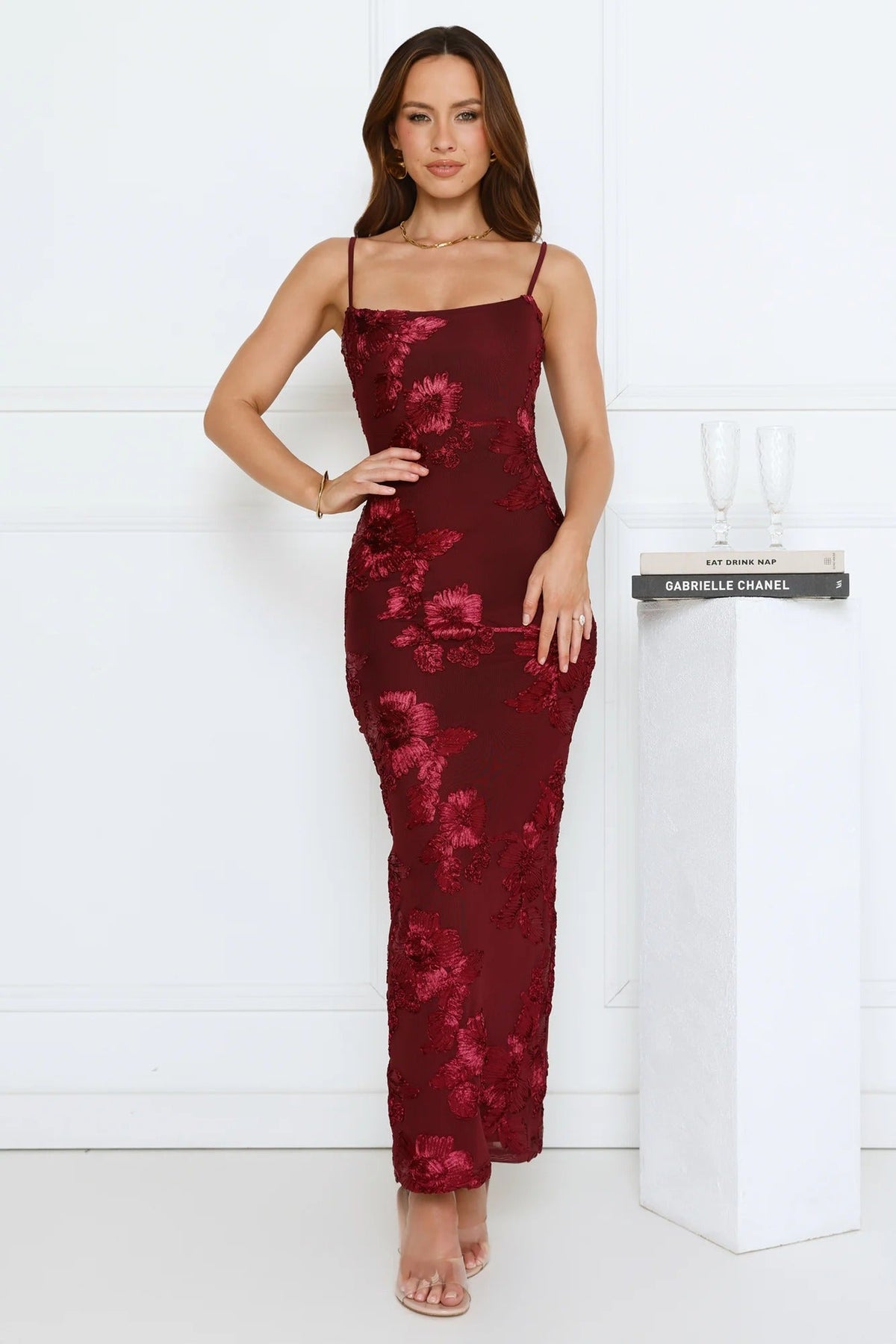 Celestial Luxe Mesh Maxi Dress Burgundy