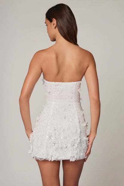 Embellished Bandeau A-line Mini Dress in White
