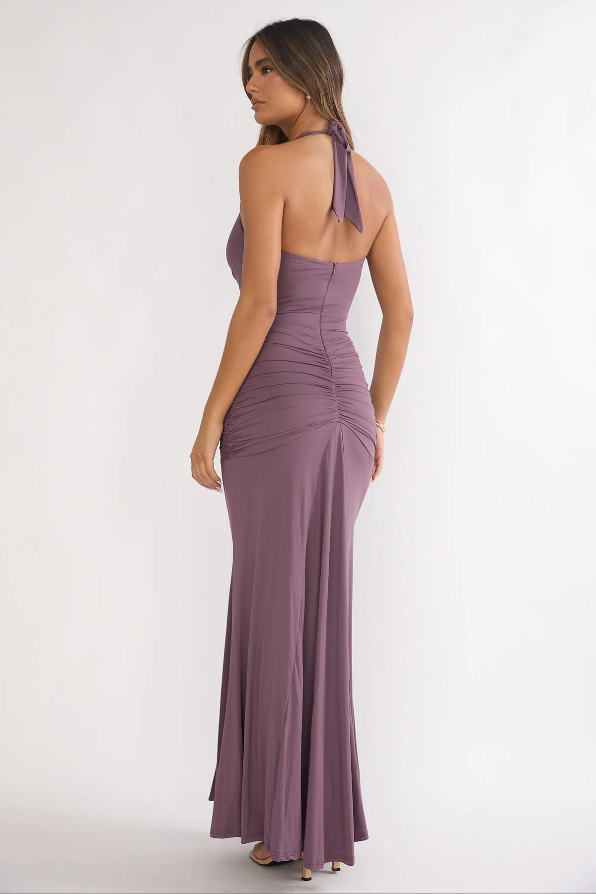 Brienna Halter Ruched Maxi Dress Mauve