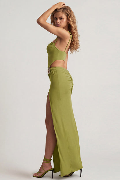 Textured Jersey Asymmetric Maxi Dress in Olive Green