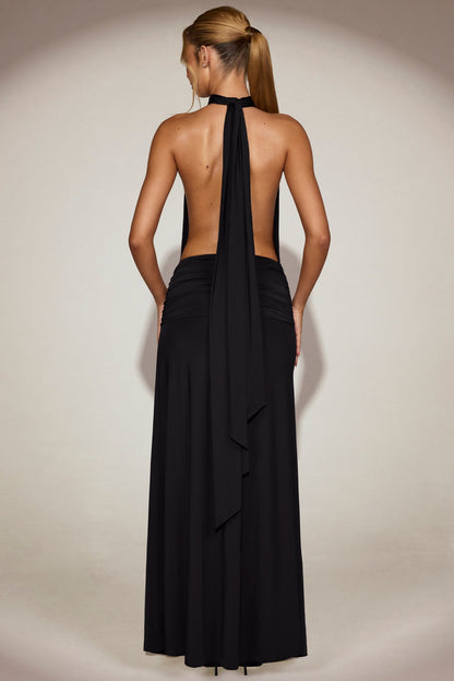 Soft-Jersey Halterneck Backless Maxi Dress in Black