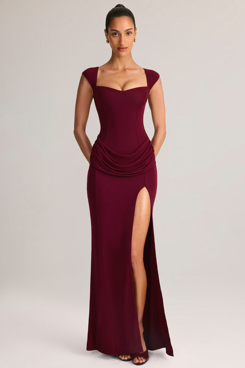 Modal Sweetheart-Neck Cowl-Waist Maxi Dress in Wine