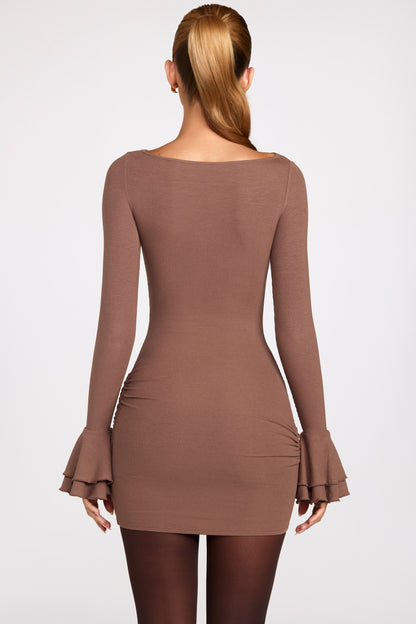 Ribbed Modal Long-Sleeve Draped Mini Dress in Mocha