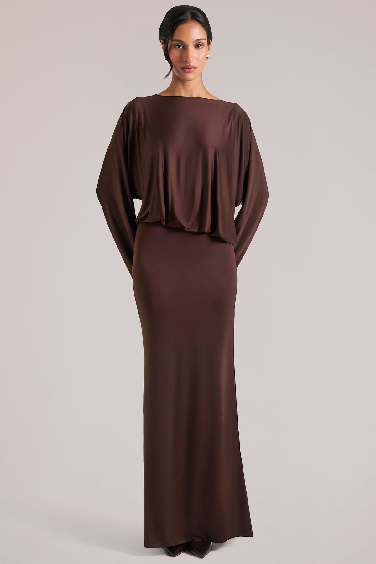 Long-Sleeve Draped Maxi Dress in Chocolate Brown