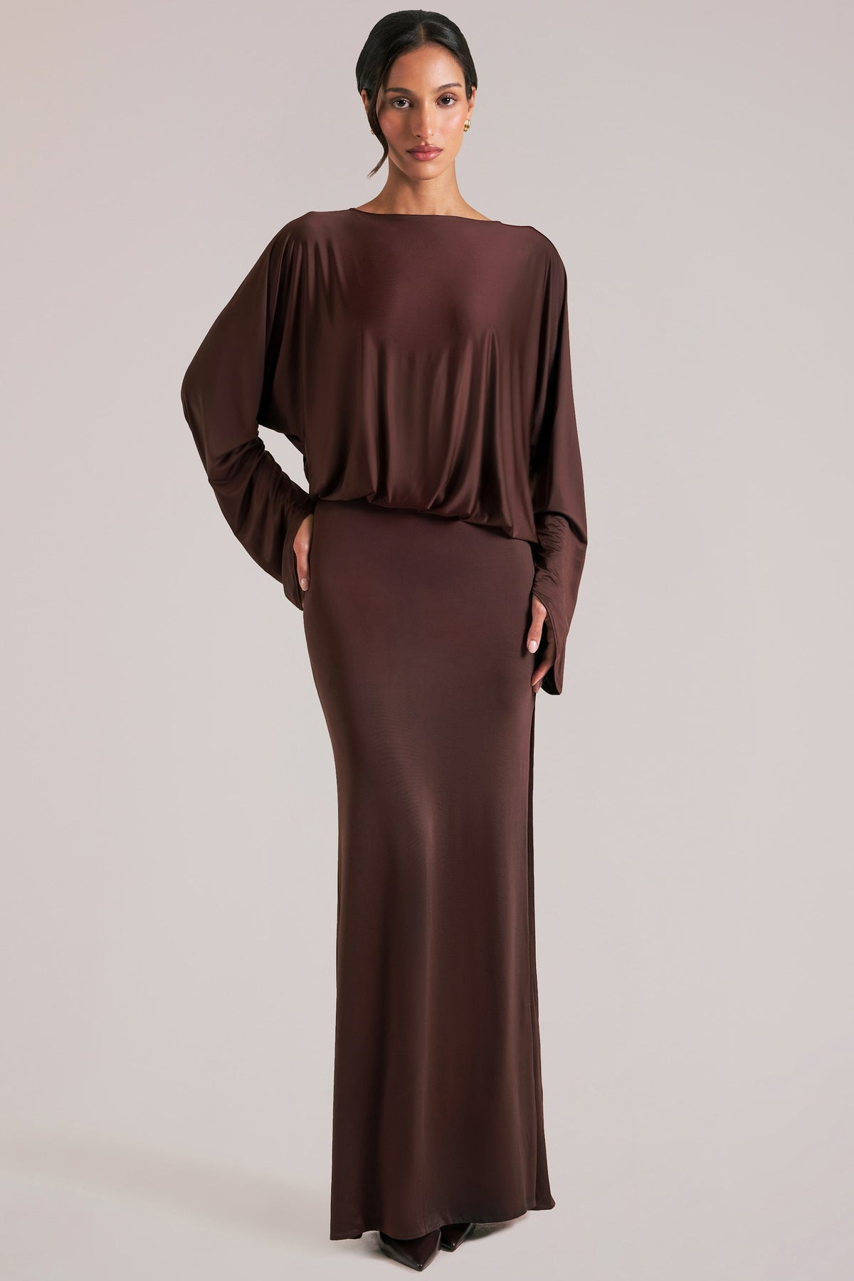 Long-Sleeve Draped Maxi Dress in Chocolate Brown