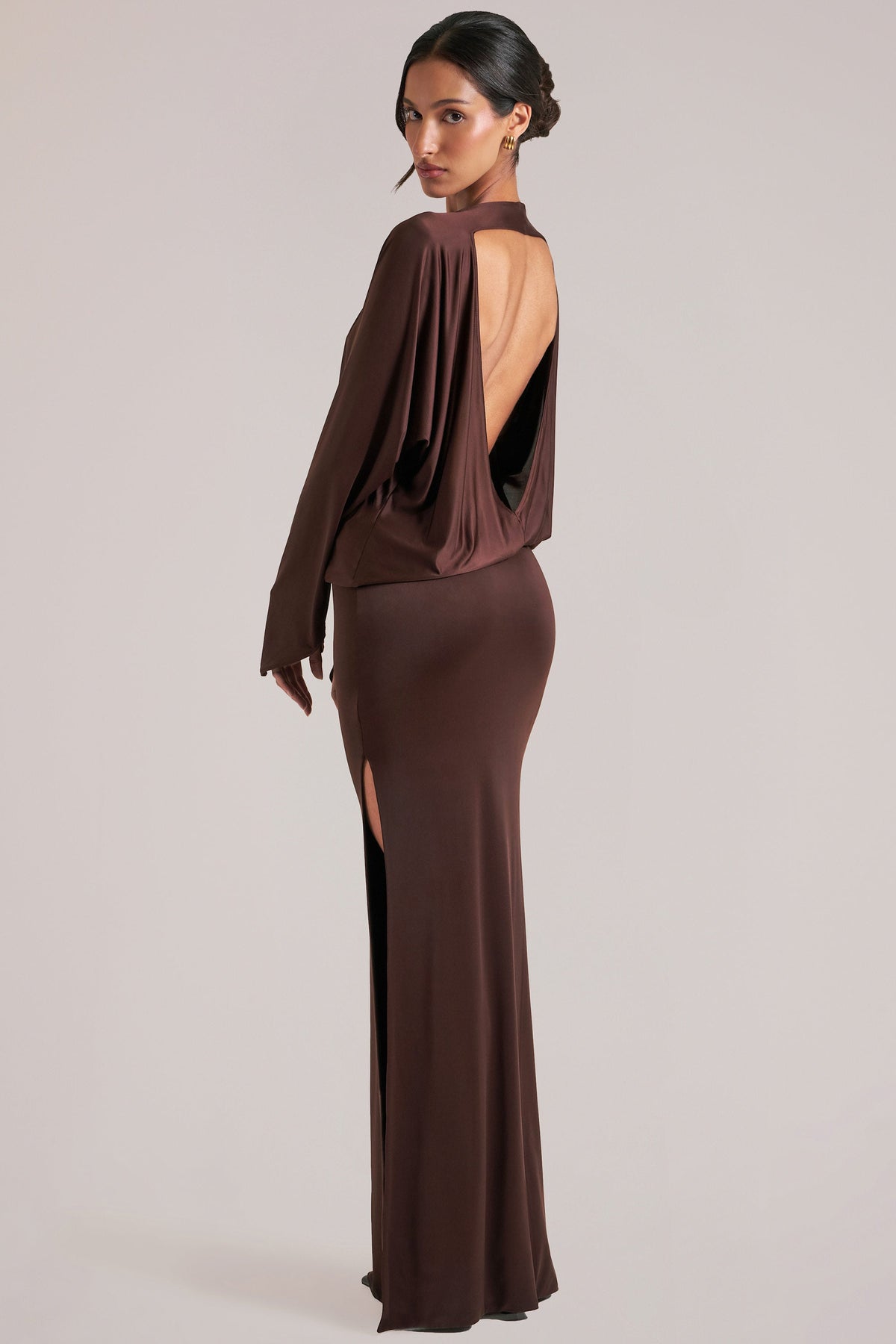 Long-Sleeve Draped Maxi Dress in Chocolate Brown
