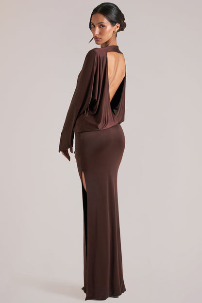 Long-Sleeve Draped Maxi Dress in Chocolate Brown