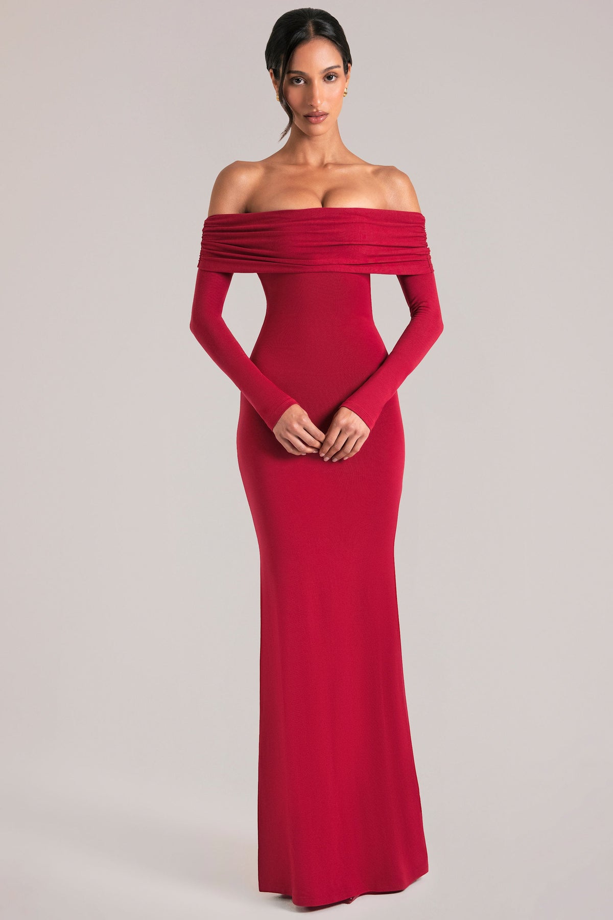 Off-Shoulder Long-Sleeve Maxi Dress in Cherry Red