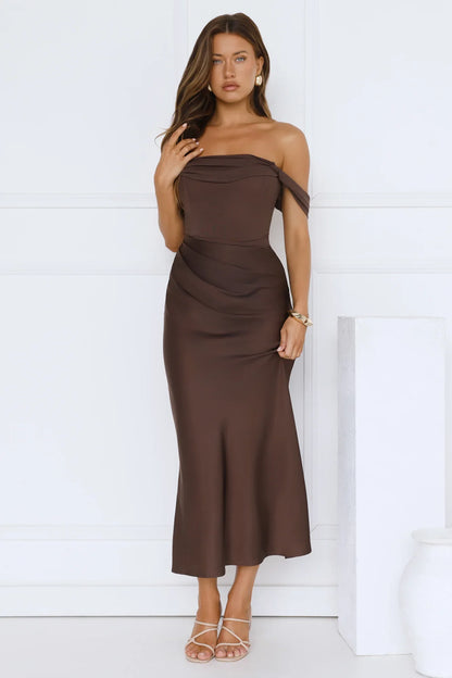Evening Muse Off Shoulder Mesh Maxi Dress Brown