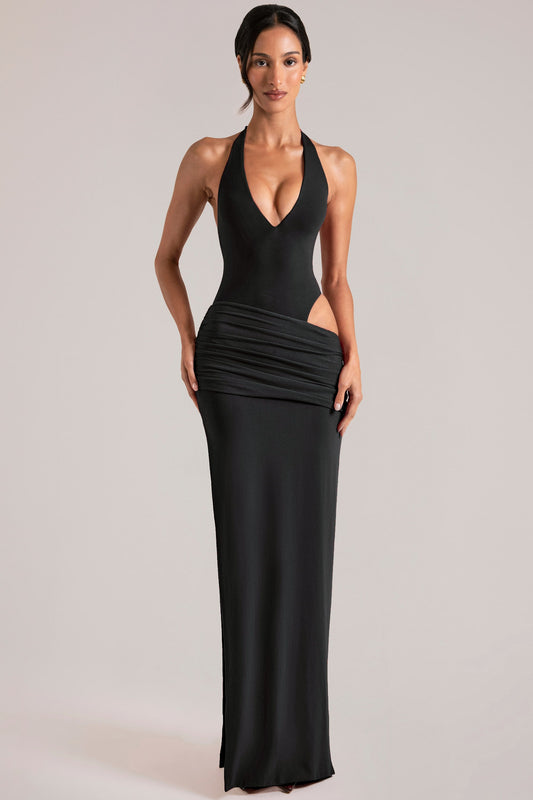 Deep Plunge Halterneck Maxi Dress in Black
