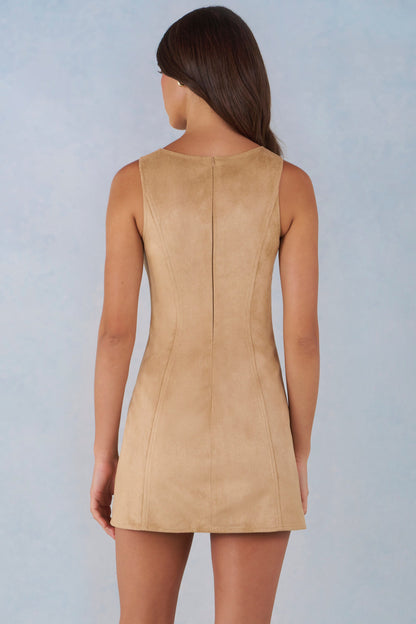 Faux Suede A-Line Mini Dress in Tan
