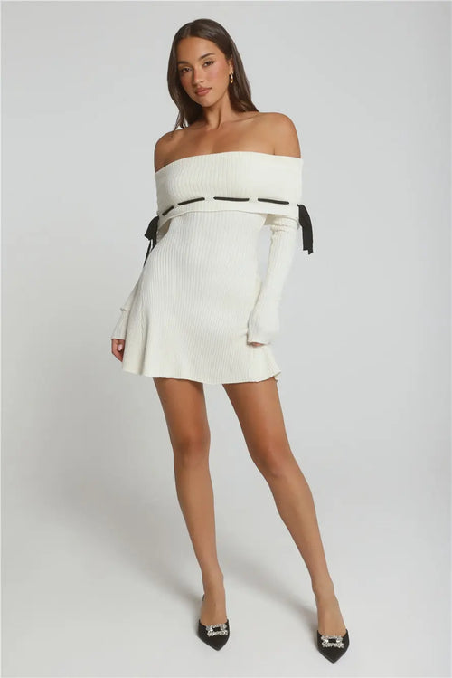Winter Spice Off Shoulder Knit Mini Dress Cream