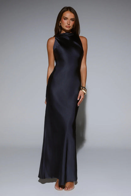 Silken Solstice Satin Maxi Dress Navy