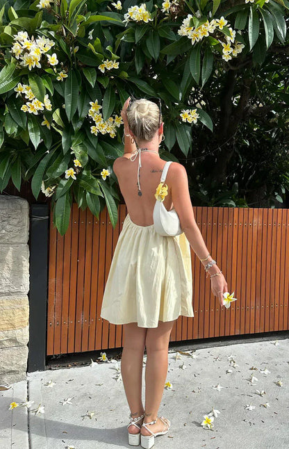 Talei Yellow Halter Puff Mini Dress