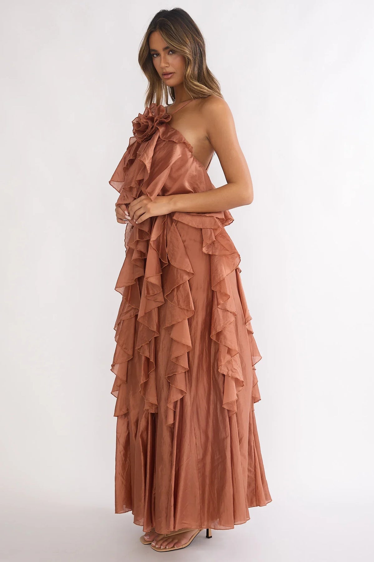 Secret Rendezvous Layered Ruffle Maxi Dress Rust
