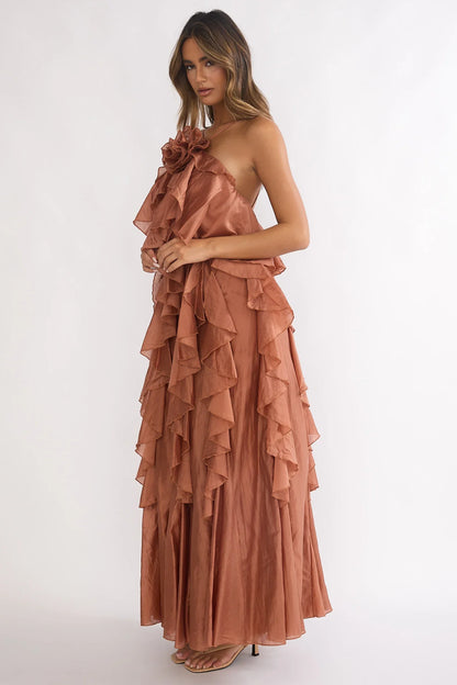 Secret Rendezvous Layered Ruffle Maxi Dress Rust