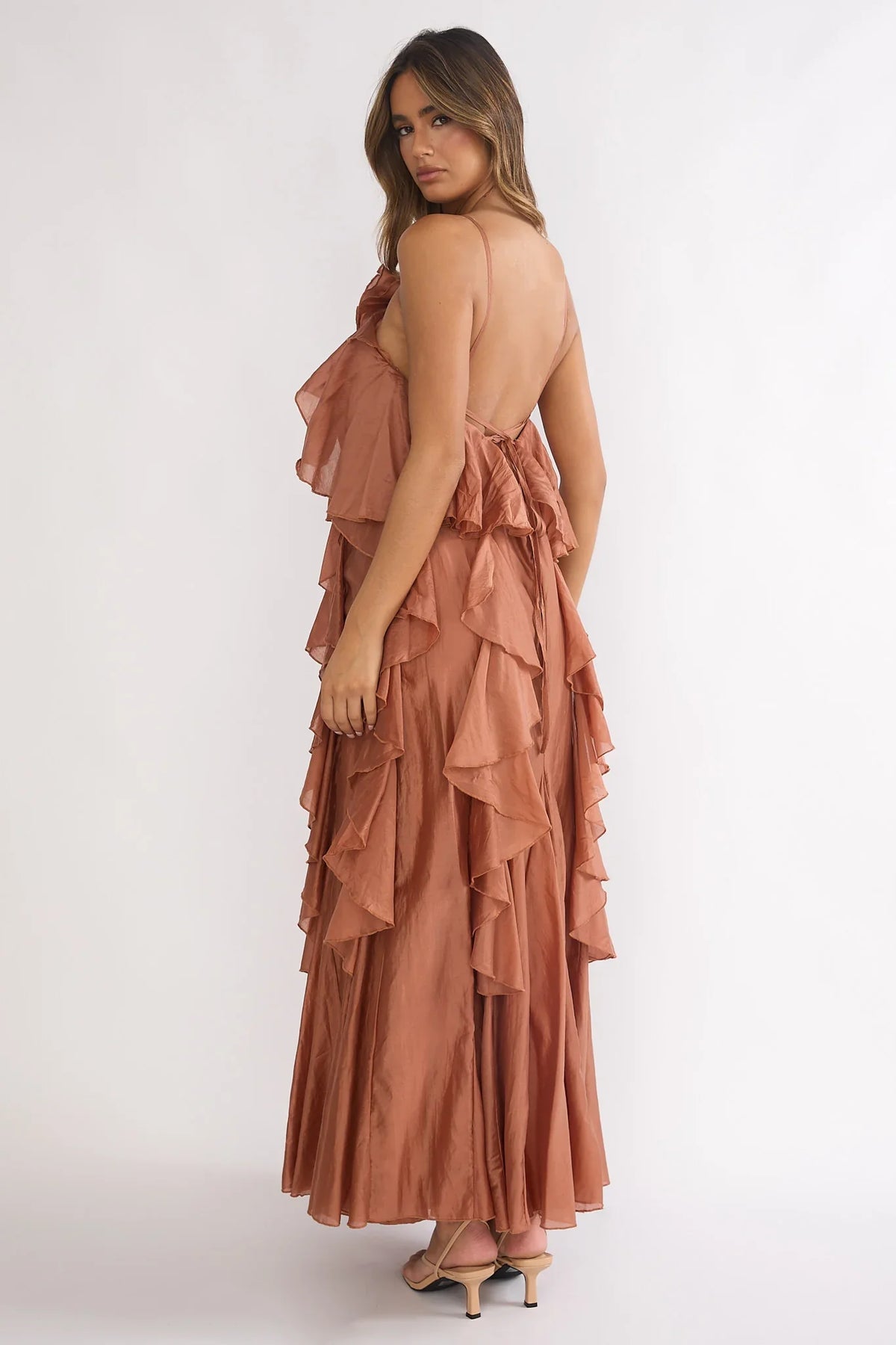 Secret Rendezvous Layered Ruffle Maxi Dress Rust