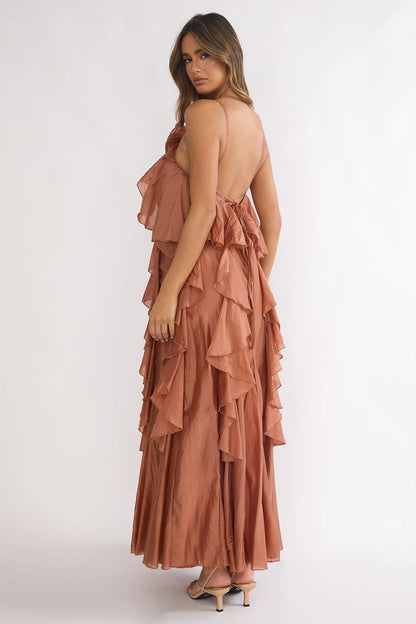 Secret Rendezvous Layered Ruffle Maxi Dress Rust