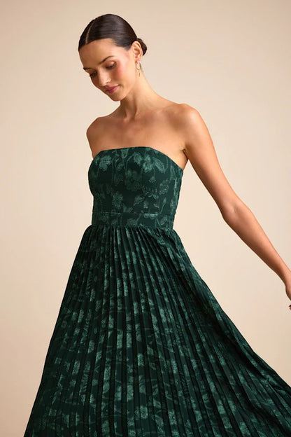 Perfectly Stunning Emerald Jacquard Strapless Midi Dress