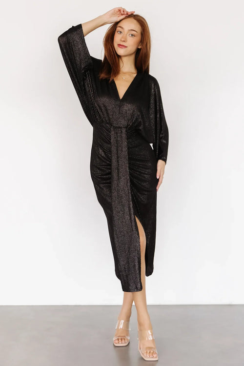 Ciara Ruched Midi Dress | Black Metallic