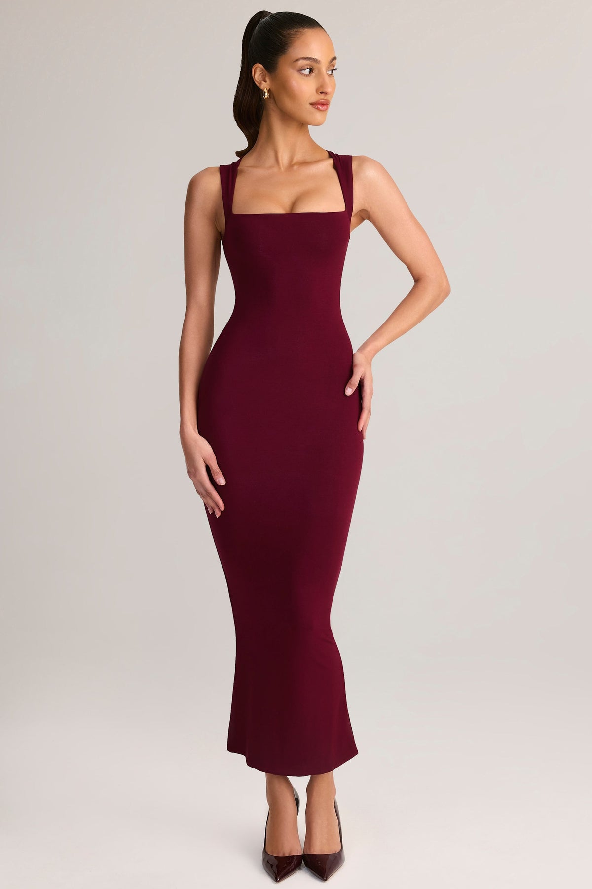Modal Square-Neck Bodycon Midi Dress in Wine