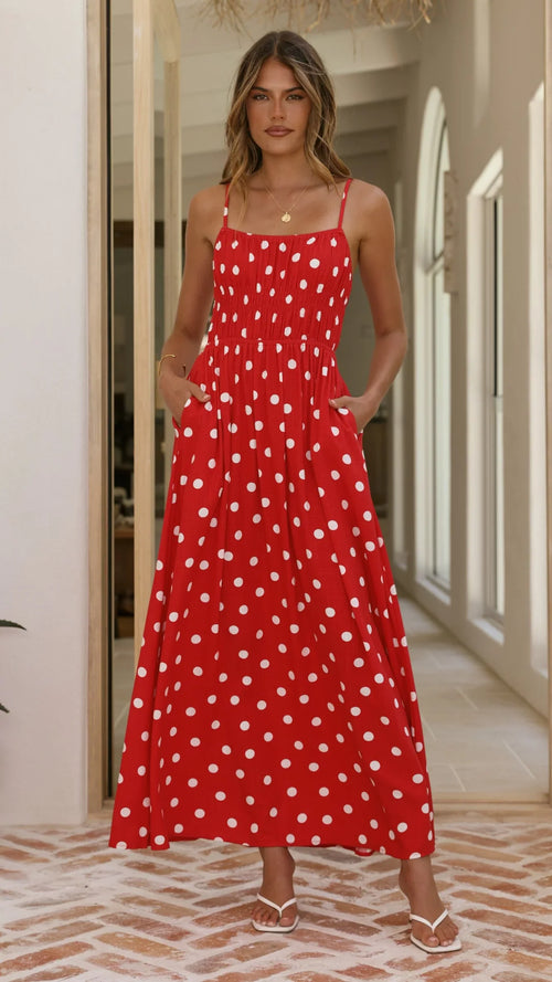 Solare Maxi Dress - Red/White Polka