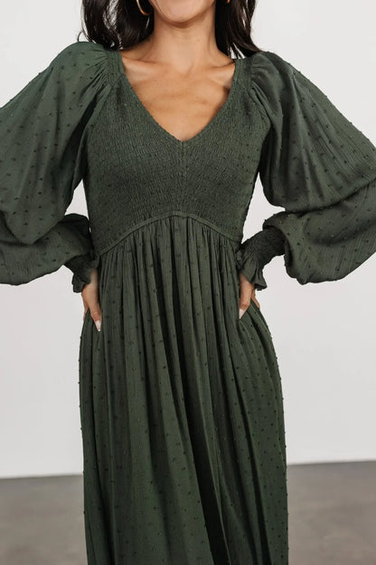 Lainey Smocked Dotted Midi Dress | Deep Olive
