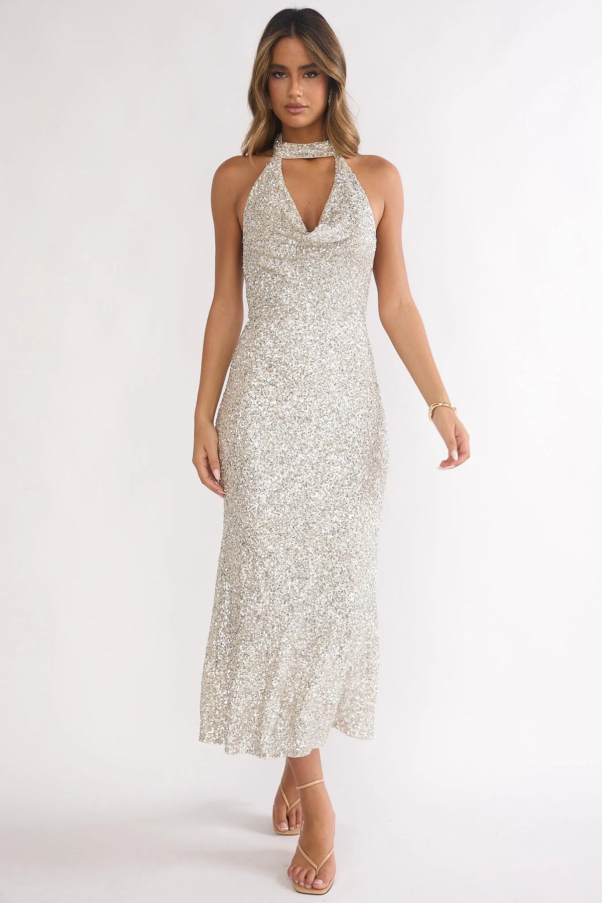 Sky Of Diamonds Backless Midi Dress Sequin Silver