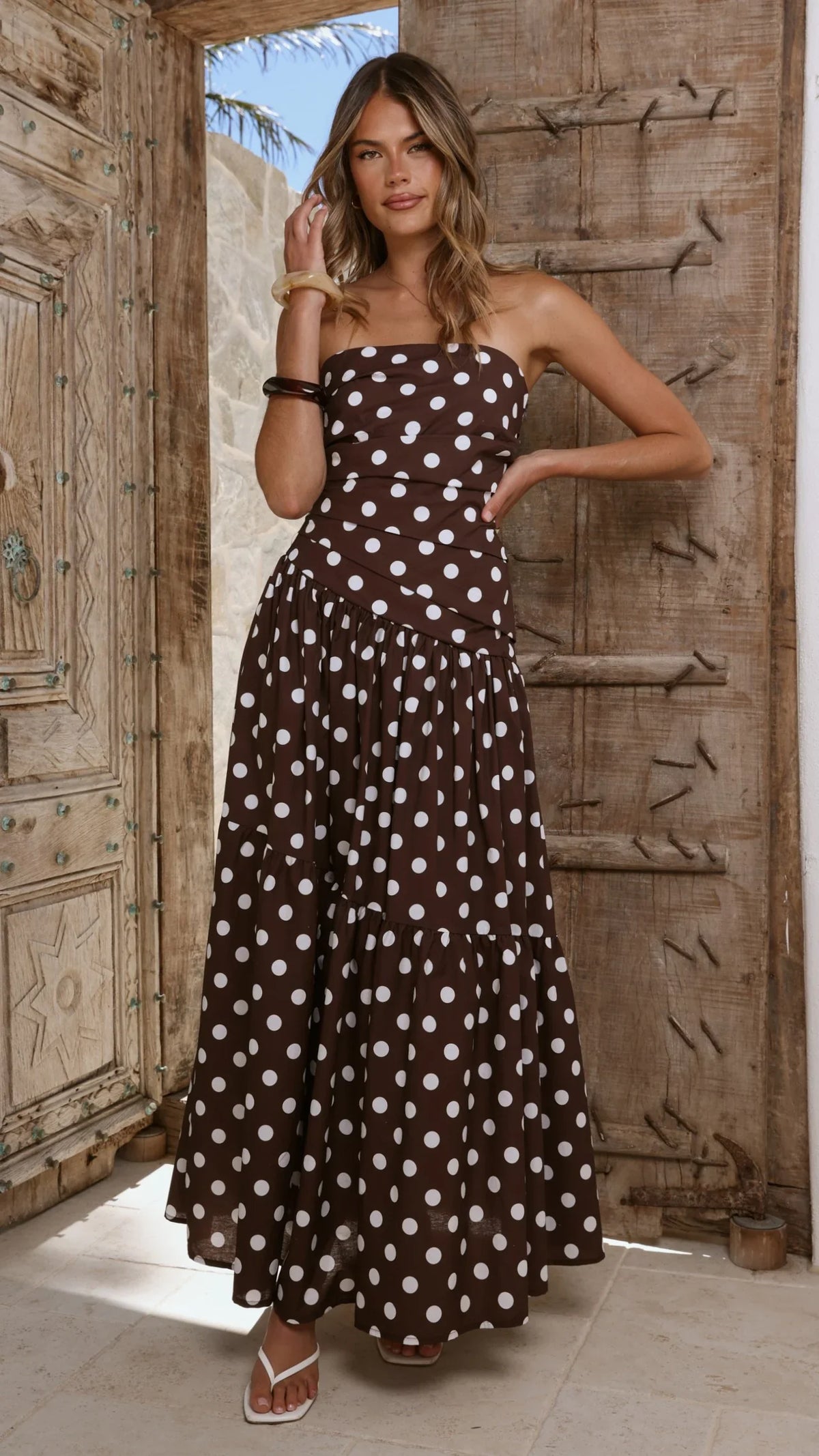 Lyra Maxi Dress - Brown/White Polka Dot