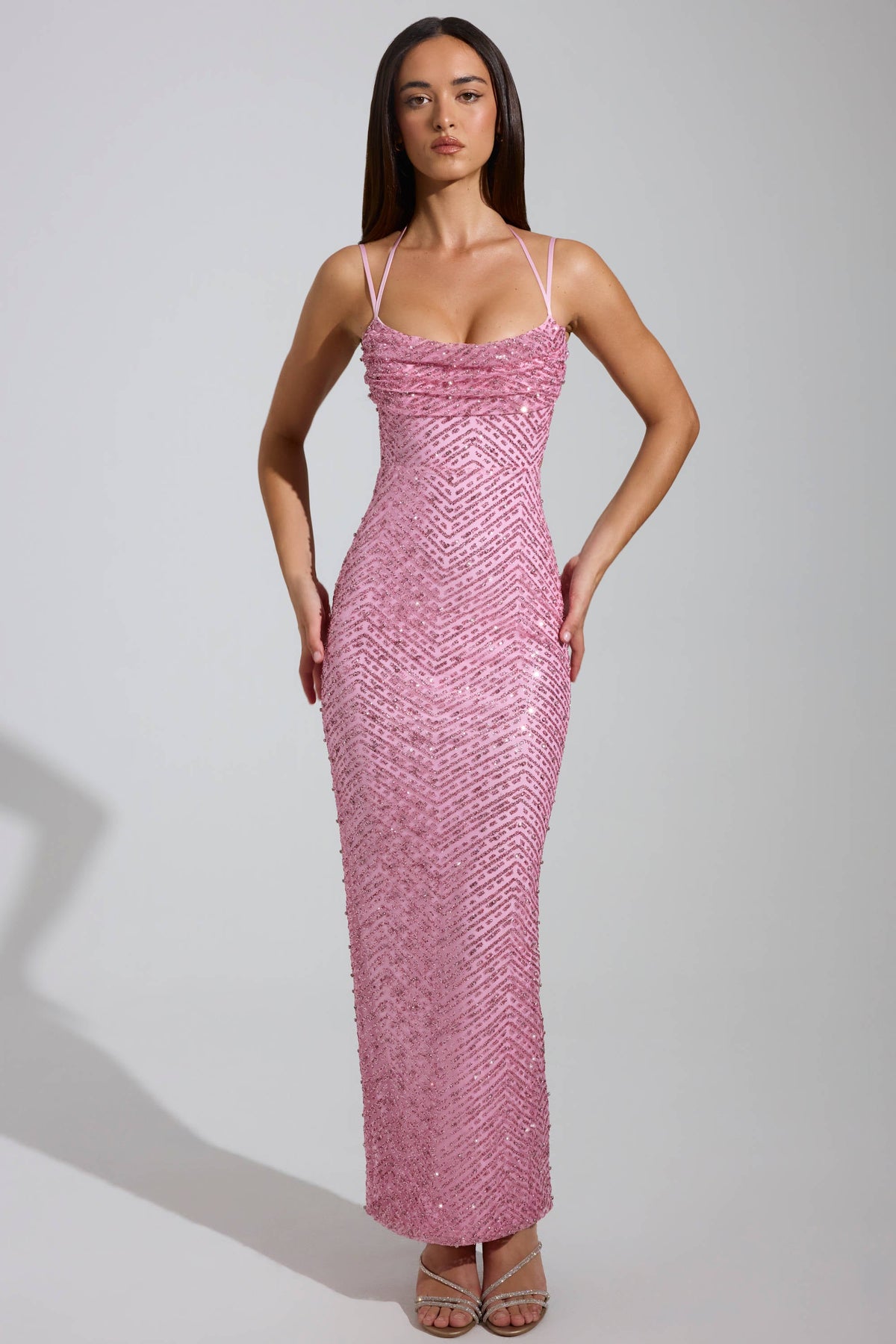 Embellished Cowl-Neck Maxi Dress in Pink