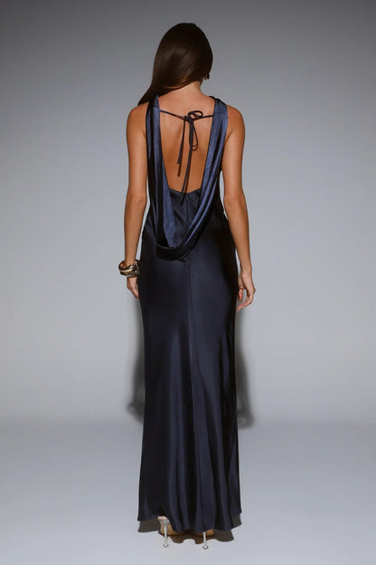Silken Solstice Satin Maxi Dress Navy