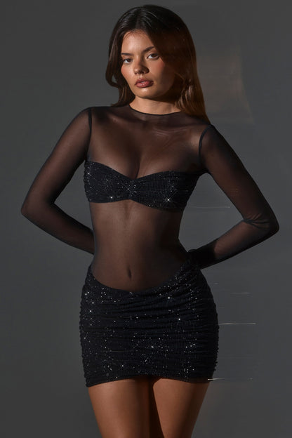 Sheer Embellished High-Neck Long Sleeve Mini Dress in Black