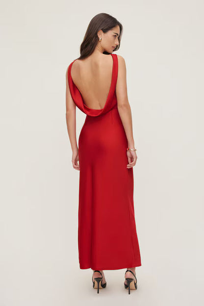 Nora Satin Maxi Slip Dress-Red