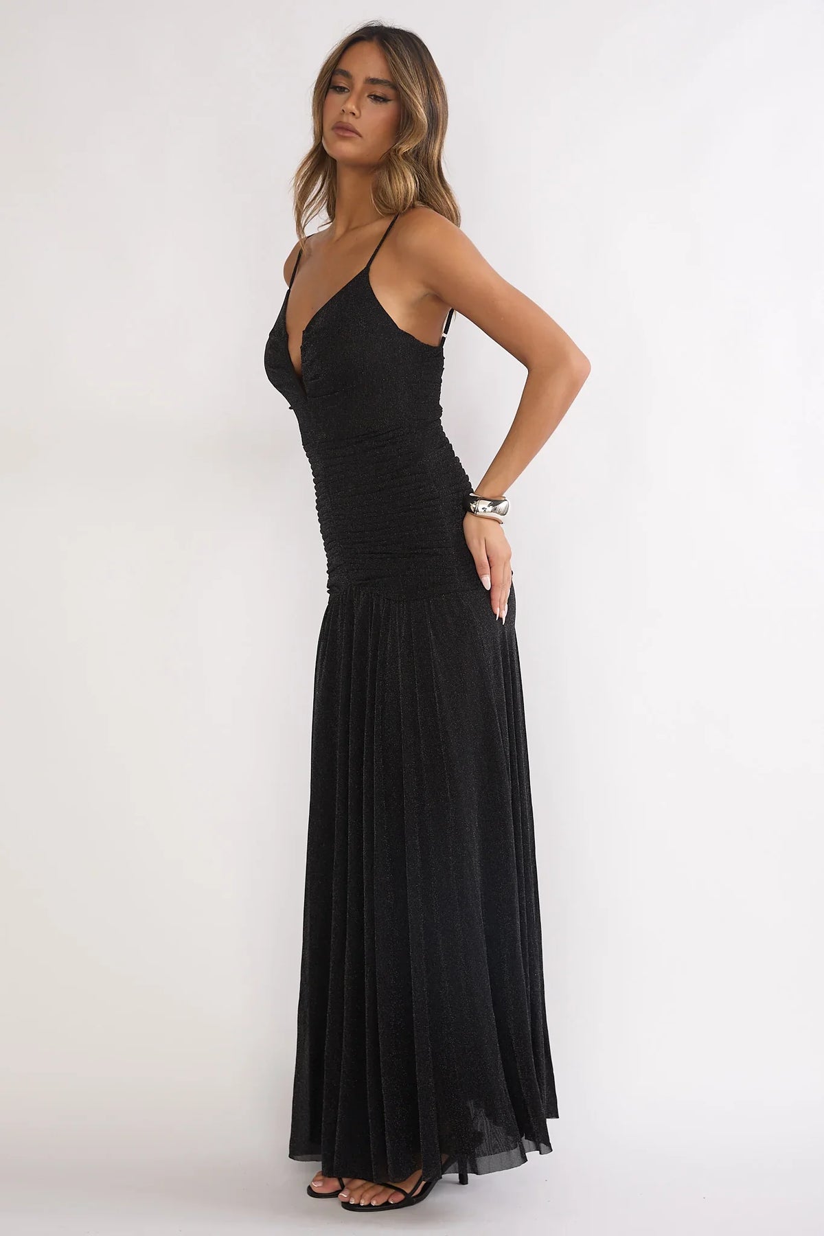 Orizel Pintuck Drop Waist Maxi Dress Sparkle Black