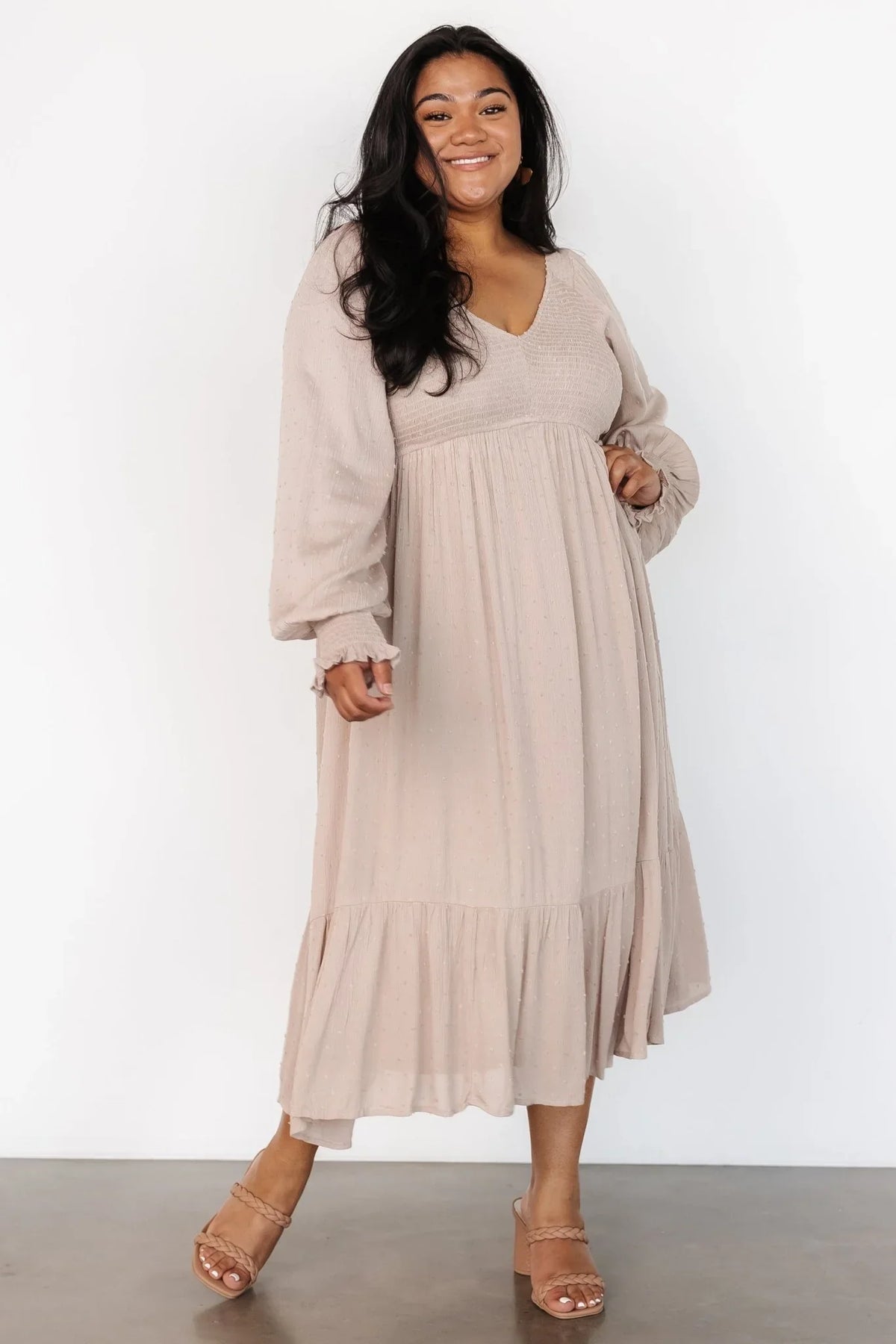 Lainey Smocked Dotted Midi Dress | Beige