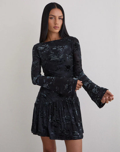 Anyeli Mini Dress in Leaf Velvet Dark Blue