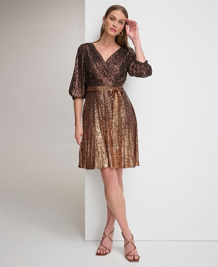 DKNY Women's Long Sleeve Ombre Faux Wrap Sequin Dress
