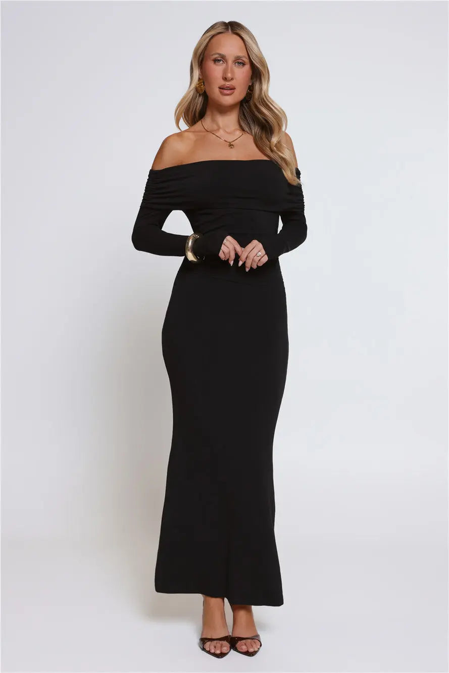 Mind Made Up Off Shoulder Long Sleeve Maxi Dress Black