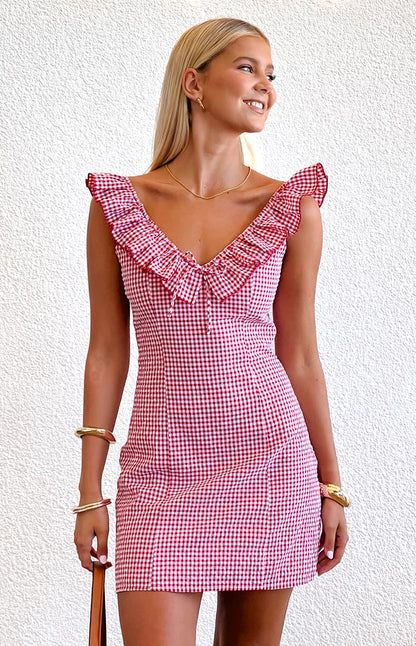 Ariette Red Gingham Frill Mini Dress