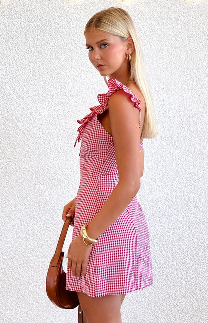 Ariette Red Gingham Frill Mini Dress