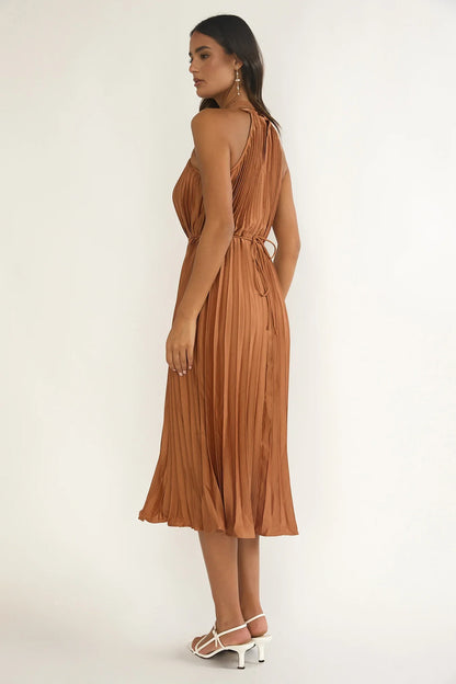 Sharaya Accordion Pleat Midi Dress Mocha