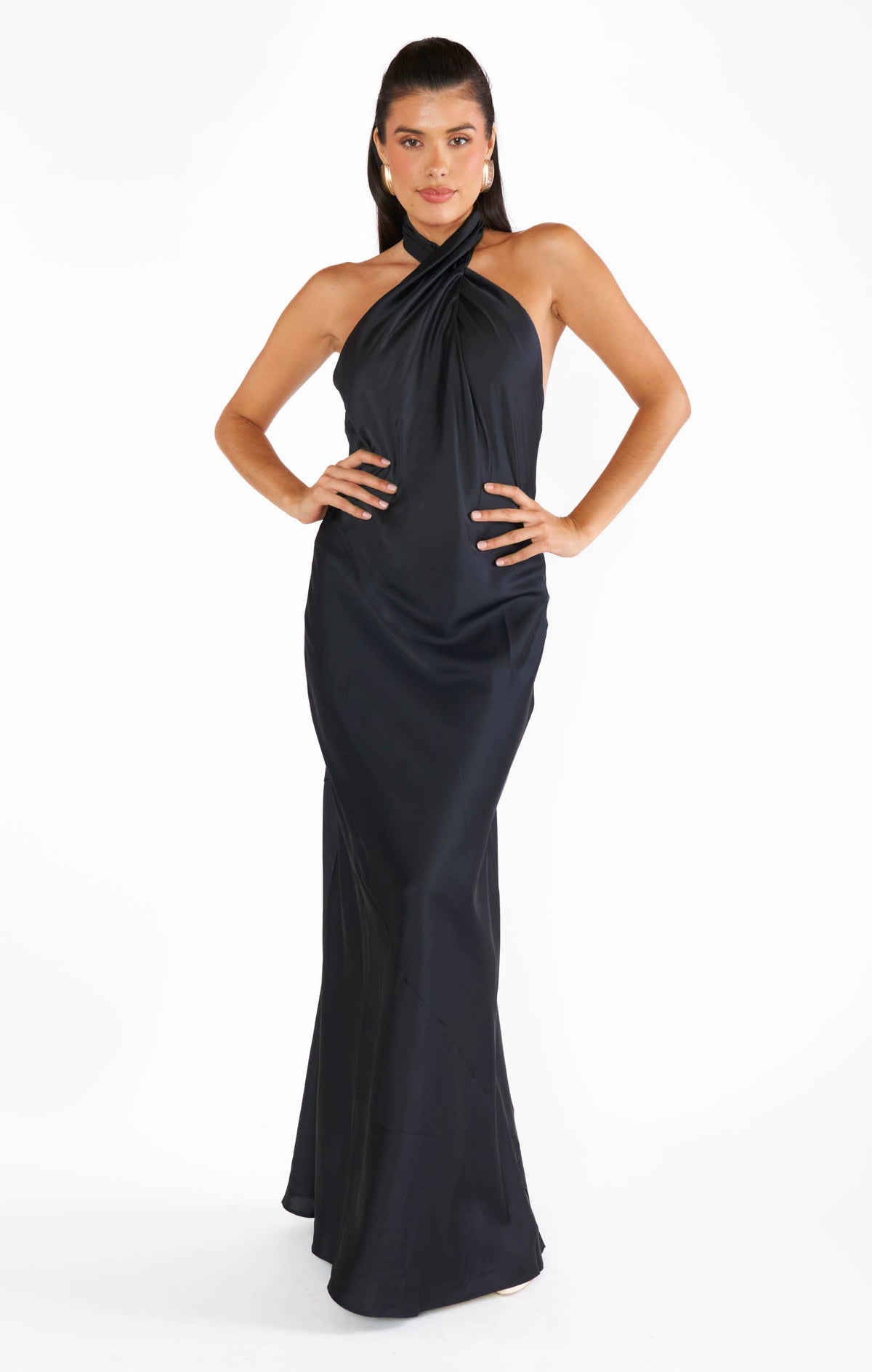 Jasmine Halter Maxi Dress ~ Black Luxe Satin